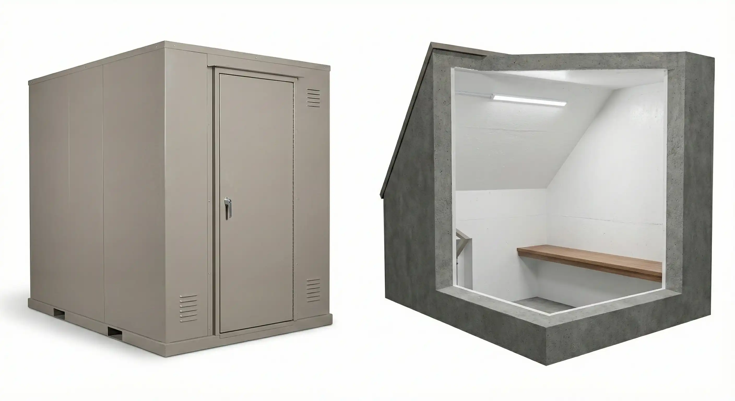 Side-by-side comparison of above-ground and underground storm shelters