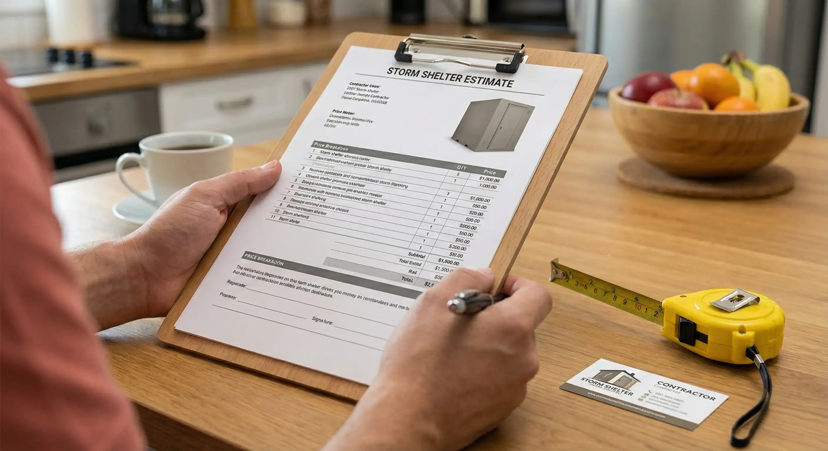 Homeowner reviewing storm shelter installation quote and estimate